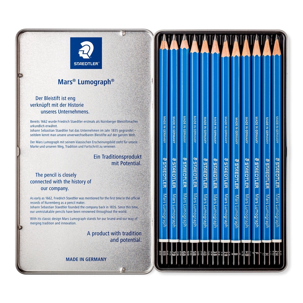 STAEDTLER MARS LUMOGRAPH 12 GRAPHIC PENCILS IN METAL CASE 100 G12S