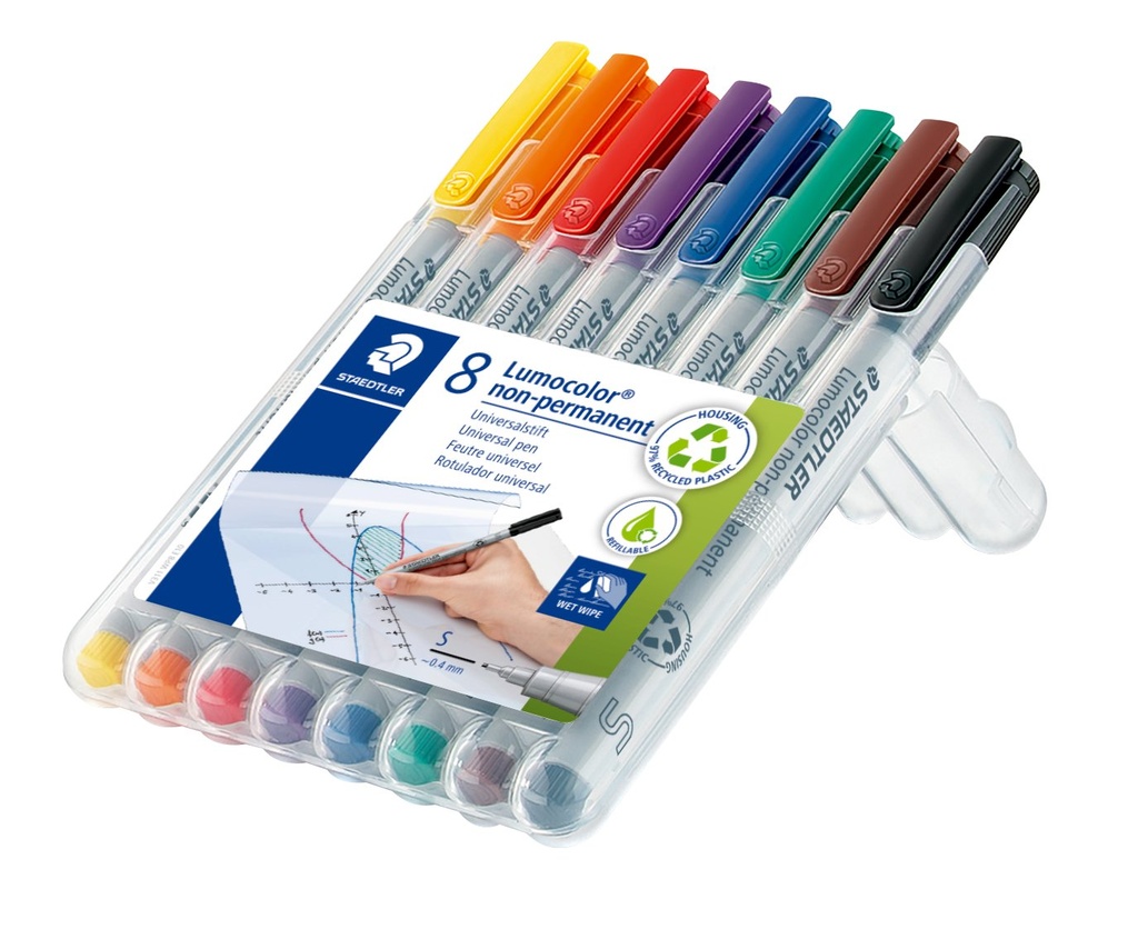 STAEDTLER LUMOCOLOUR UNIVERSAL NON PERMANENT SUPERFINE PENS 8PC SET 311 WP8