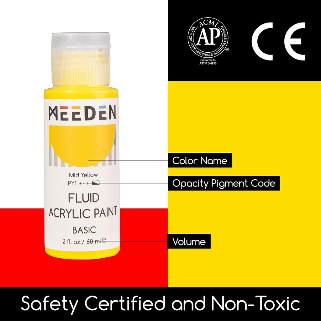 Meeden Basic Fluid Acrylic Paint Set, 6 Colors, 60 ml / 2 oz