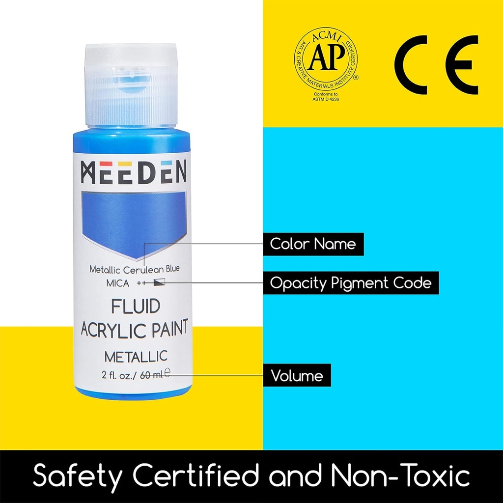 Meeden Fluid Metallic Acrylic Paint Set, 6 Colors, 60 ml / 2 oz
