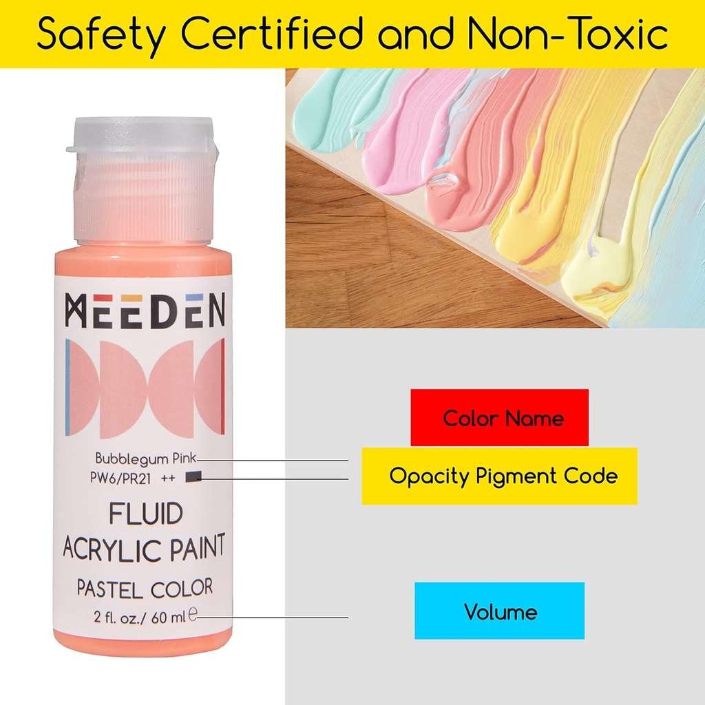Meeden Fluid Pastel Acrylic Paint Set, 6 Colors, 60 ml / 2 oz