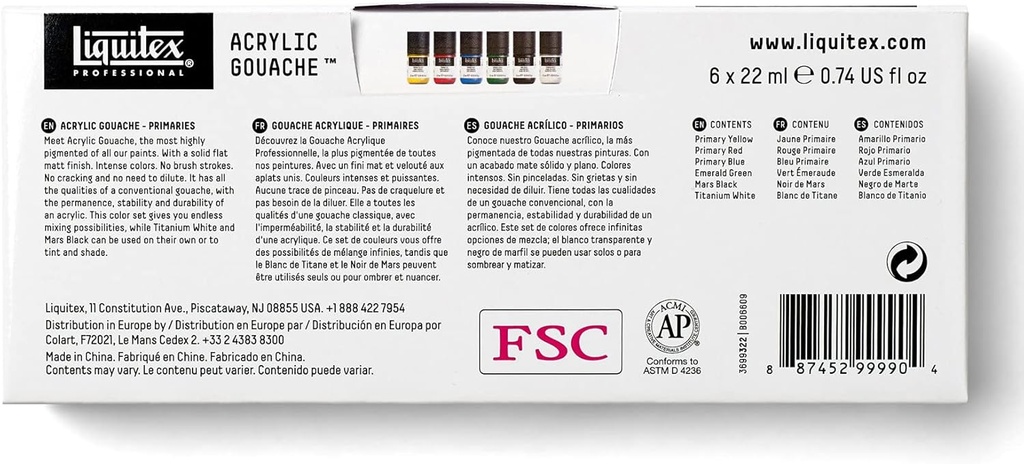 LIQUITEX PROFESSIONAL ACRYLIC GOUACHE  PAINT 6X22ML PRIMARIES SET