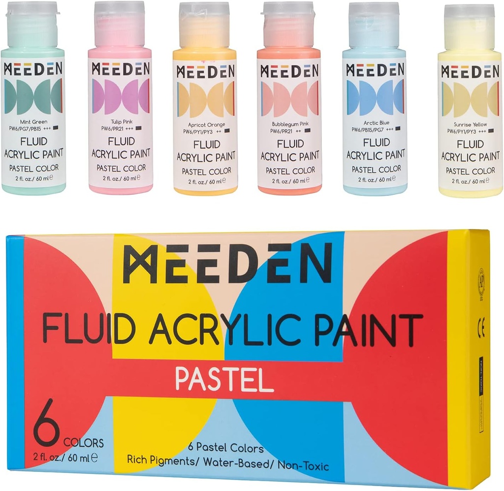 Meeden Fluid Pastel Acrylic Paint Set, 6 Colors, 60 ml / 2 oz