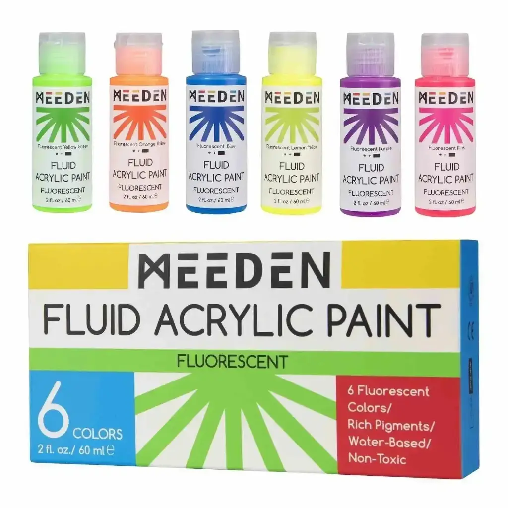 Meeden Fluid Fluorescent Acrylic Paint Set, 6 Colors, 60 ml / 2 oz
