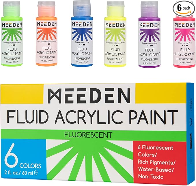 Meeden Fluid Fluorescent Acrylic Paint Set, 6 Colors, 60 ml / 2 oz