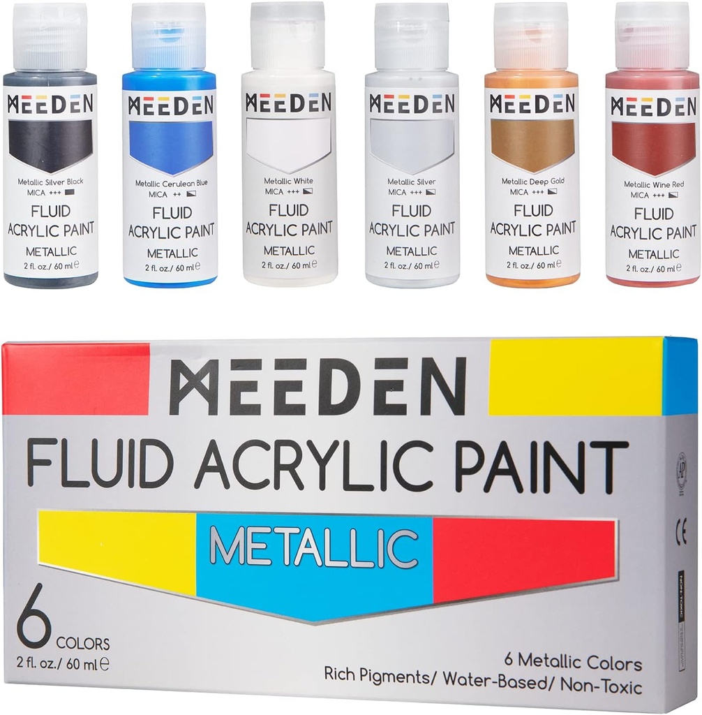 Meeden Fluid Metallic Acrylic Paint Set, 6 Colors, 60 ml / 2 oz
