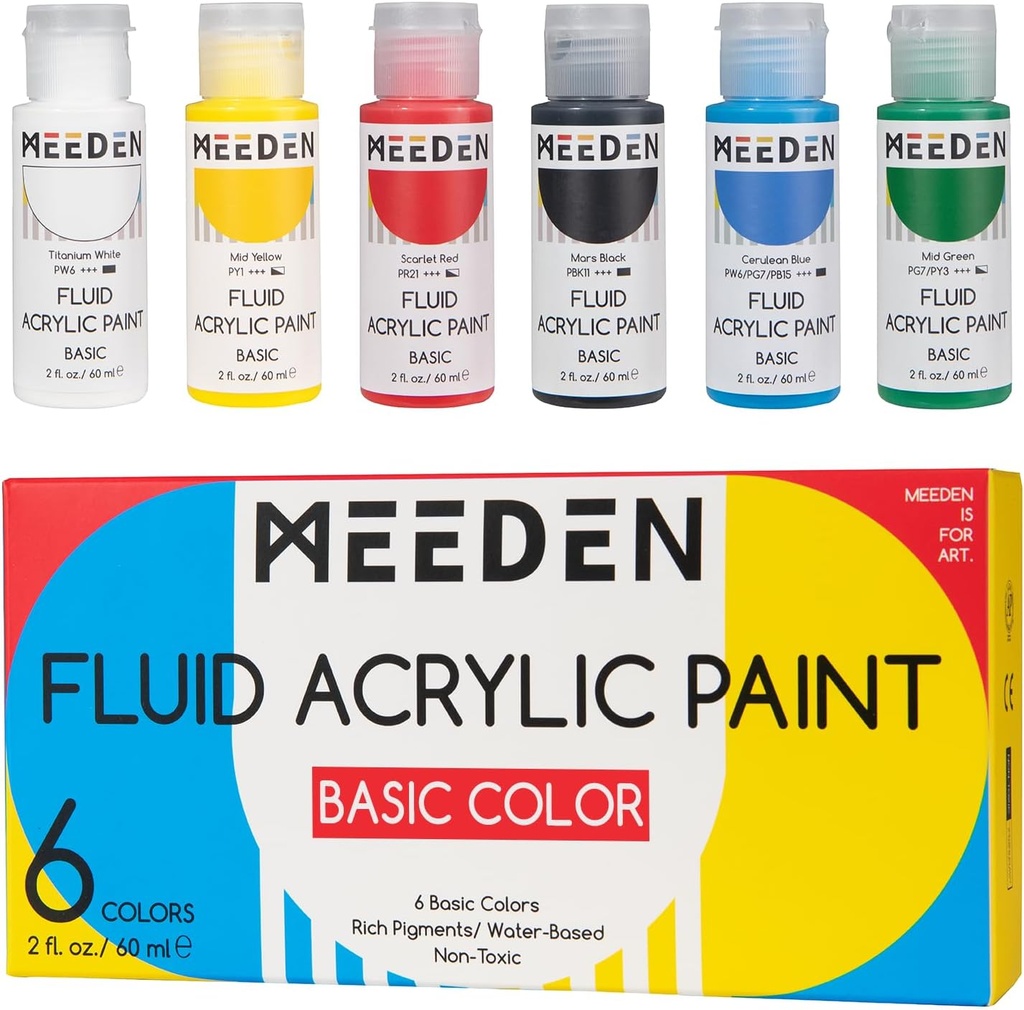 Meeden Basic Fluid Acrylic Paint Set, 6 Colors, 60 ml / 2 oz