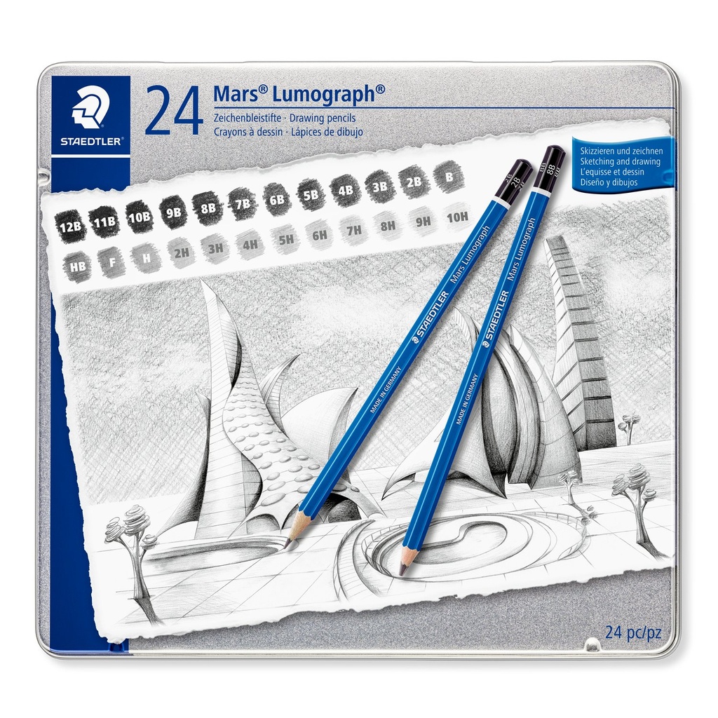 STAEDTLER MARS LUMOGRAPH 24 GRAPHIC PENCILS IN METAL CASE 100 G24