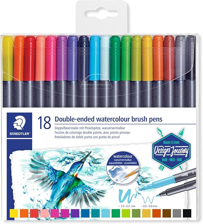 STAEDTLER DOUBLE-ENDED WATERCOLOUR MARKER BRUSH PENS 18 PCS 3001 TB18