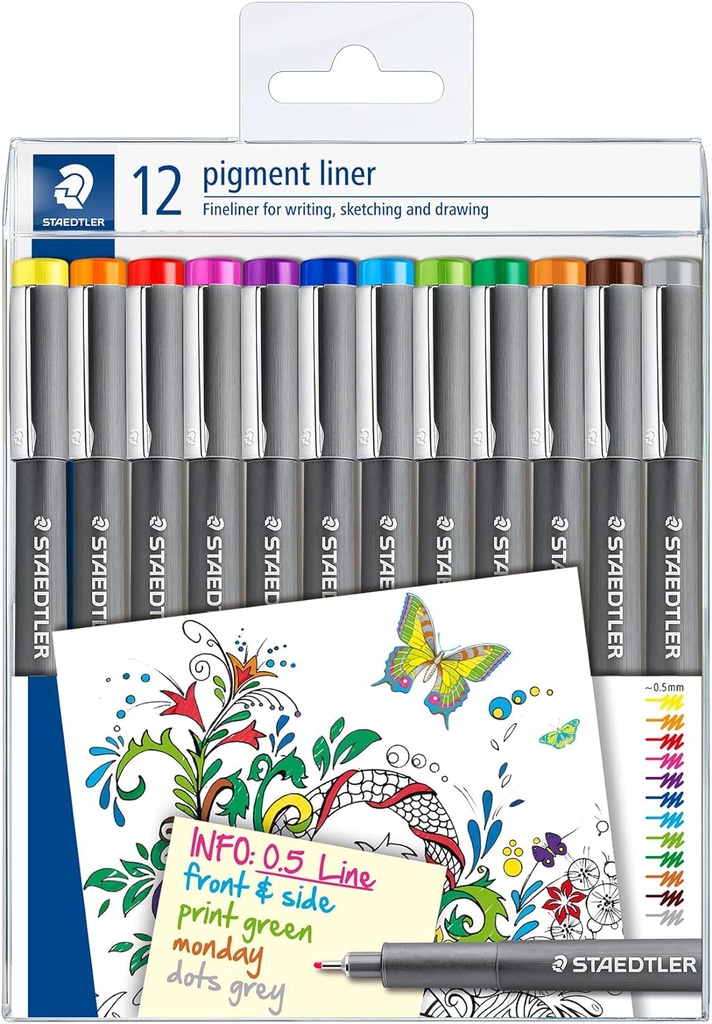 STAEDTLER PIGMENT LINER 0.5 BOX OF 12 COLOURS 308-S TB12