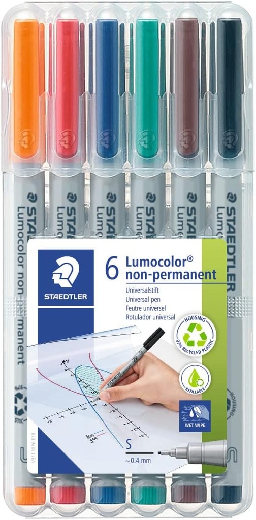 STAEDTLER LUMOCOLOUR UNIVERSAL NON PERMANENT SUPERFINE PENS 6PC SET  311 WP6