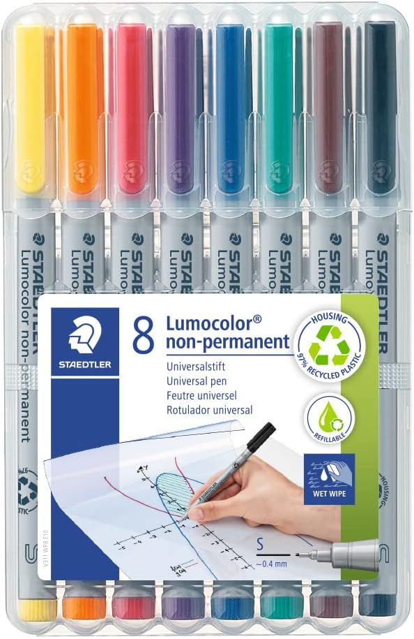 STAEDTLER LUMOCOLOUR UNIVERSAL NON PERMANENT SUPERFINE PENS 8PC SET 311 WP8