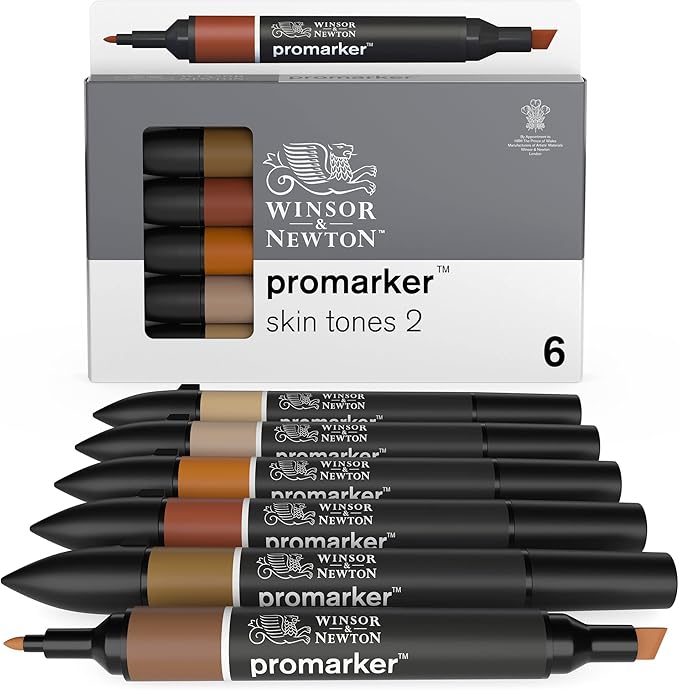 Winsor & Newton, Promarker, Skin Tones II, Set of 6, Alcohol Based Dual Tip Marker 290115