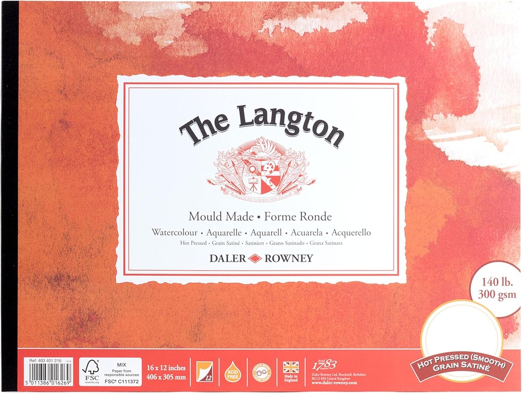 DALER ROWNEY LANGTON WATERCOLOUR HOT PRESSED PAD 300GSM 16' X 12' 12 SHEETS