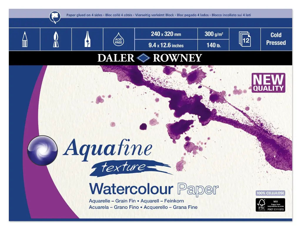 DALER ROWNEY AQUAFINE WATERCOLOUR TEXTURE BLOCK 300GSM 240MM X 320MM 12 SHEETS