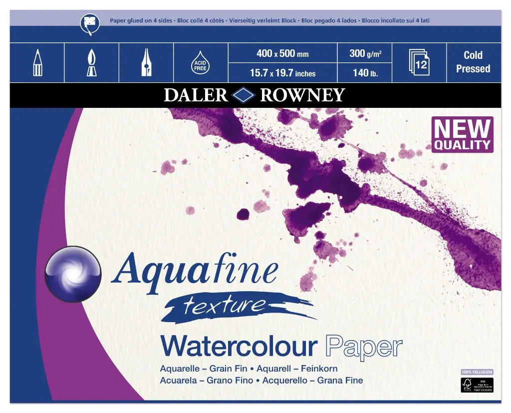 DALER ROWNEY AQUAFINE WATERCOLOUR TEXTURE BLOCK 300GSM 400MM X 500 MM 12 SHEETS