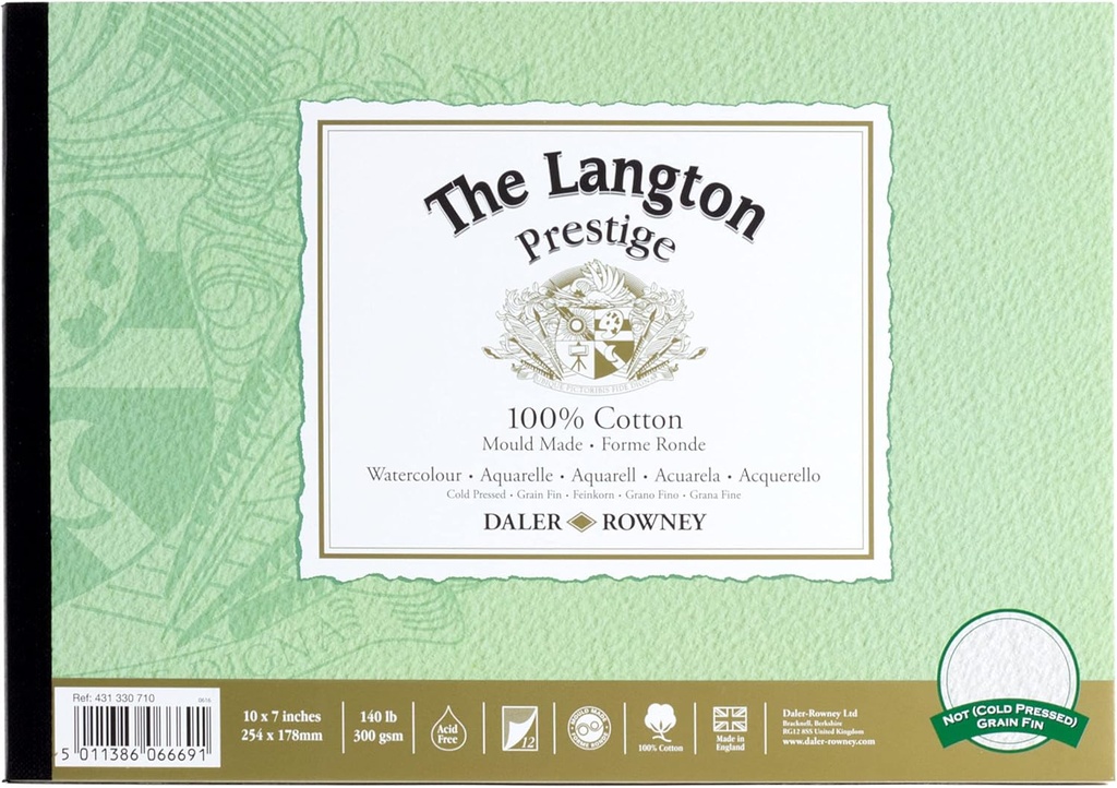 DALER ROWNEY LANGTON PRESTIGE WATERCOLOUR COLD PRESS PAD 300G 10' X 7' 12 SHEETS