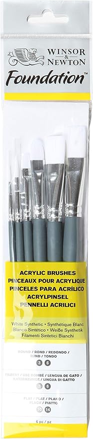WINSOR & NEWTON FOUNDATION ACRYLIC SYNTHETIC BRUSH SHORT HANDLE 6 PACK