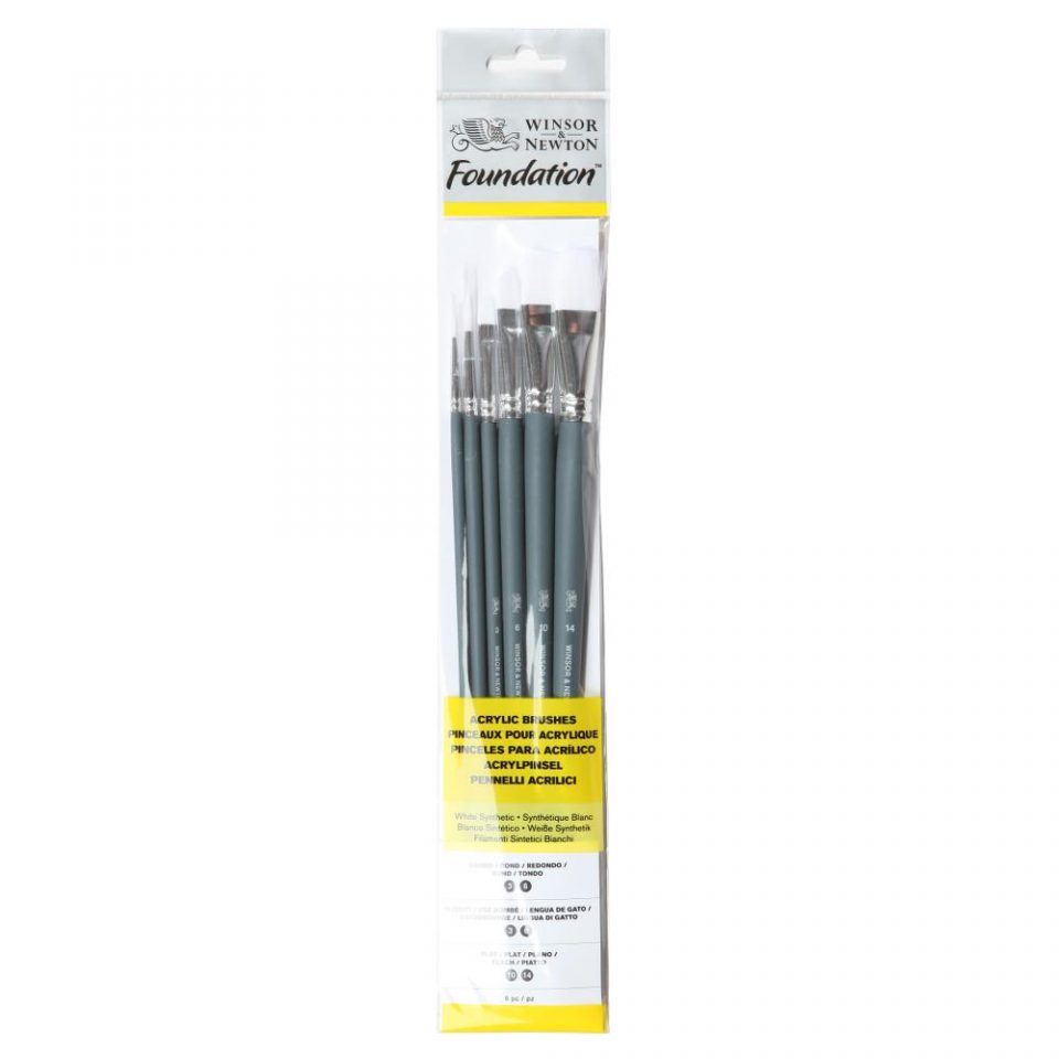 WINSOR & NEWTON FOUNDATION ACRYLIC SYNTHETIC BRUSH LONG HANDLE 6 PACK