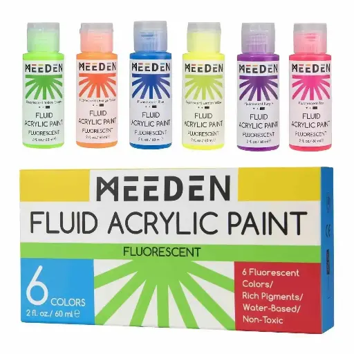 [1038] Meeden Fluid Fluorescent Acrylic Paint Set, 6 Colors, 60 ml / 2 oz
