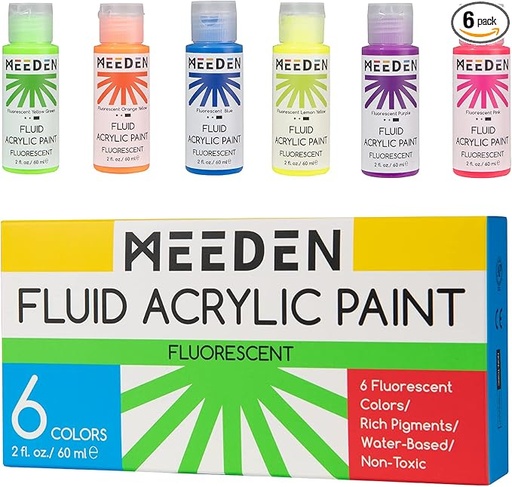 [1038] Meeden Fluid Fluorescent Acrylic Paint Set, 6 Colors, 60 ml / 2 oz