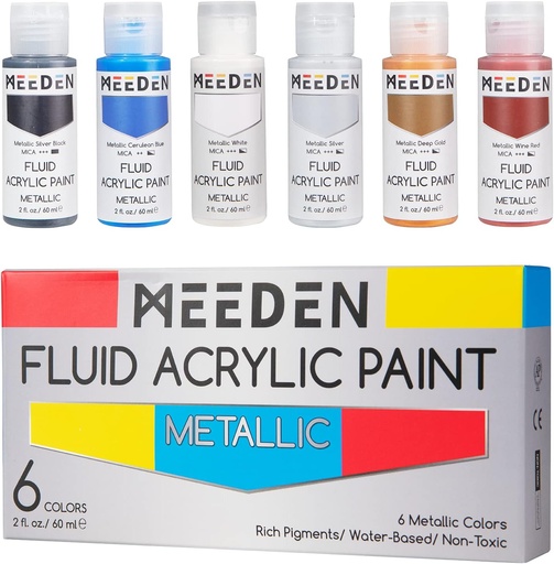 [1037] Meeden Fluid Metallic Acrylic Paint Set, 6 Colors, 60 ml / 2 oz
