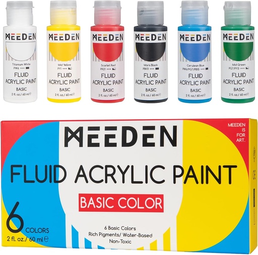 [1036] Meeden Basic Fluid Acrylic Paint Set, 6 Colors, 60 ml / 2 oz