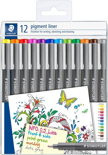 [308-S TB12] STAEDTLER PIGMENT LINER 0.5 BOX OF 12 COLOURS