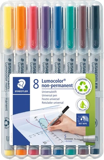 [311 WP8] STAEDTLER LUMOCOLOUR UNIVERSAL NON PERMANENT SUPERFINE PENS 8PC SET 311 WP8