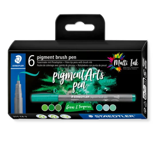 [371 C6-3] STAEDTLER PIGMENT BRUSH PEN GREENS & TURQUOISES