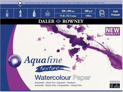 DALER ROWNEY AQUAFINE WATERCOLOUR TEXTURE BLOCK 300GSM 300MM X 400MM 12 SHEETS