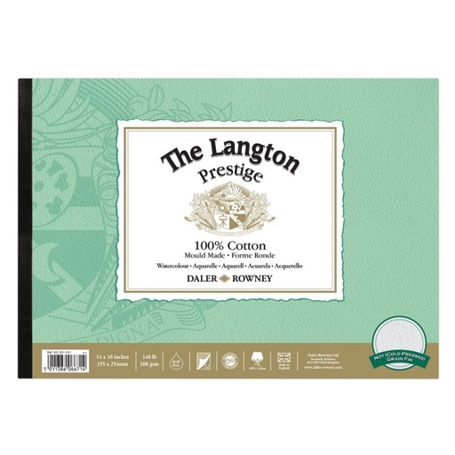 DALER ROWNEY LANGTON PRESTIGE WATERCOLOUR COLD PRESS 100% COTTON PAD 300G 14' X 10' 12 SHEETS