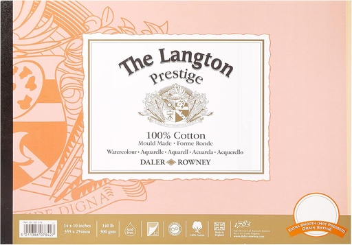 DALER ROWNEY LANGTON PRESTIGE WATERCOLOUR HOT PRESSED PAD 300G 14' X 10' 12 SHEETS