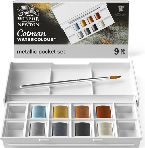 WINSOR & NEWTON COTMAN WATERCOLOUR 8 HALF PAN METALLIC POCKET SET